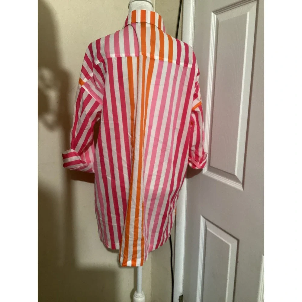 Beach Riot NWOT Pink Orange Striped Oversized Button Down Shirt Cover Up S/M